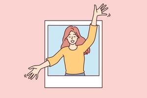 Delighted woman peeks out of photo with arms apart to hug you and give good mood. Attractive girl in casual clothes rejoices at meeting or wishes to hug goodbye. Flat vector illustration