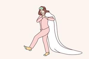 mujer feliz en pijama y calcetines después de despertar por la mañana camina arrastrando una manta detrás de la espalda. una joven caucásica de buen humor se va a la cama a descansar después de un duro día de trabajo. ilustración vectorial plana vector