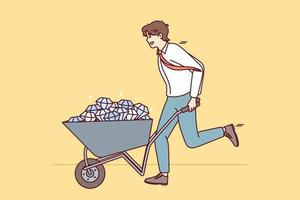 Successful man in shirt and tie runs with cart filled with diamonds. Gemstones symbolize highly profitable niche for starting own business or startup with high margins and no risks. Flat vector image