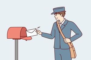 Man in postman uniform throws paper letter into metal mailbox located on street. Guy delivers fresh mail with alerts from government agencies or messages from friends. Flat vector illustration
