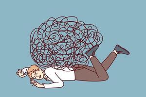 Depressed businessman lies on ground face down under heavy load of tangled lines. Guy in office clothes is tired of fighting because of stress at work and frequent overload. Flat vector illustration