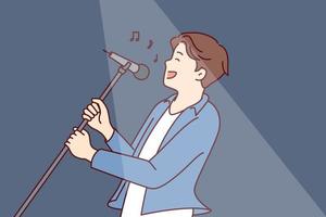 Man pop star sings song leaning back with microphone on tripod in hands during performance at concert. Happy guy performs popular song for own fans while standing in spotlight. Flat vector design