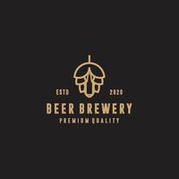 Brewery minimalist logo design, label, badge, emblem with hop. Craft Beer Vintage retro style. Isolated on background. Vector icon illustration.