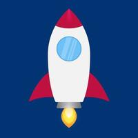 Rocket ship launch in flat style on blue background. Space travel concept. Vector illustration. EPS 10.