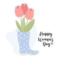 Flowers tulips in rubber boot. Happy Womens Day greeting card with spring bouquet. Vector illustration in flat style.