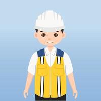 arquitecto, técnico y constructores e ingenieros y mecánicos y trabajadores de la construcción, personaje de dibujos animados de ilustración vectorial. ingeniero con casco de seguridad blanco y chaleco en obra. vector