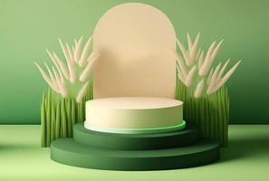 Ilustración 3d de un podio de hierba verde sobre un fondo natural foto