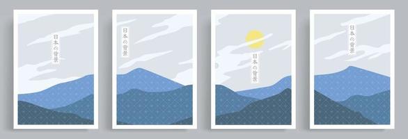 4 conjuntos de arte abstracto de estilo oriental japonés de naturaleza minimalista. hermoso vector de montañas azules y sol. adecuado para portada de libro, afiche, decoración de pared, impresión de lienzo.