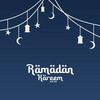 ramadan kareem vector template background with some hanging lantern, star, and crescent moon on dark blue background