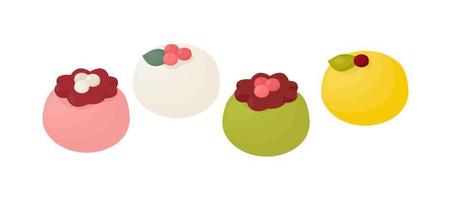 conjunto de varios wagashi, mochi, pastel de arroz, postre tradicional japonés vector