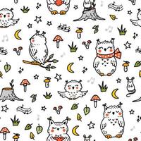 Cute childish pattern with sleeping and flying baby owls, enchanted forest vector