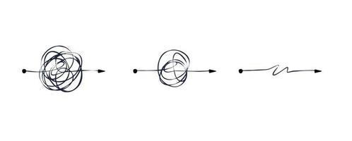 maraña de líneas. desenredando el camino. concepto psicológico de resolver problemas mentales. ovillo desordenado caótico. simplificando lo complejo vector