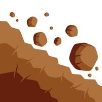 Rock rolls off cliff. Falling boulder. Rockfall and landslide. Brown earth. Flat cartoon illustration. Business concept of crisis and problems. Element of nature and mountains vector