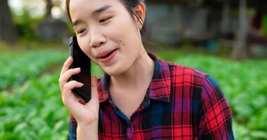 toma de primer plano manual, mujer agricultora usa pantalones a cuadros hablando en un teléfono inteligente en una granja de vegetales orgánicos, sonríe con un agricultor feliz e inteligente con el concepto de dispositivo tecnológico video