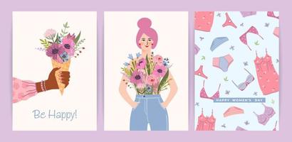 tarjetas con lindas ilustraciones femeninas. conjunto de vectores para feliz día de la mujer, 8 de marzo y otros usos.