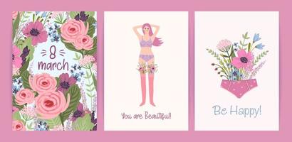 tarjetas con lindas ilustraciones femeninas. conjunto de vectores para feliz día de la mujer, 8 de marzo y otros usos.