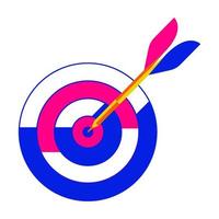 Bring dart hit to center of dartboard. Funky blue-pink target with arrow. Goal achieve concept, business success, achievement focus. Flat style of y2k, 90s graphic design. Vector illustration