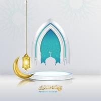 Vector greeting ramadan mubarak with podium and Islamic decoration in elegant style