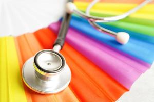 LGBT symbol, Stethoscope with rainbow ribbon, rights and gender equality, LGBT Pride Month in June. photo