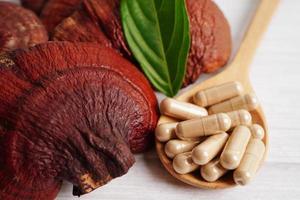 Lingzhi or Reishi mushroom with capsules, organic natural healthy food. photo