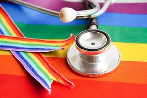 LGBT symbol, Stethoscope with rainbow ribbon, rights and gender equality, LGBT Pride Month in June. photo