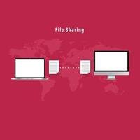 Data transfer worldwide connecting, info graphic laptop file sharing in viva magenta background color vector