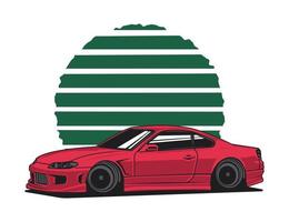 vector de diseño de coche rojo de los años 90 en tono rojo con ilustración de diseño gráfico de vector de fondo de sol rayado