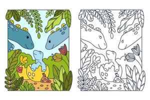 linda página de libro para colorear de dibujos animados con dinosaurio mamá, papá y bebé vector