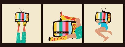 Set of three Girl holds an old tv in her legs .Retro fashion style from 80s. Vector illustrations in trendy colors.