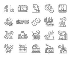 Hydrogen gas renewable green energy line icons vector