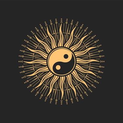 Yin Yang symbol inside of sun occult or magic sign