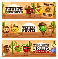 Wild West western cartoon fruits cowboy characters vector