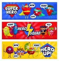 Cartoon superhero berry characters and hero squad vector