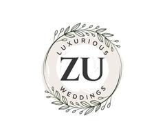 ZU Initials letter Wedding monogram logos template, hand drawn modern minimalistic and floral templates for Invitation cards, Save the Date, elegant identity. vector