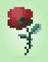 8 bit pixels of rose. Flowers for asset games and Cross Stitch patterns in vector illustrations.