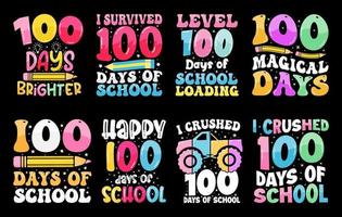 Paquete de camisetas de 100 días de escuela, conjunto de diseño de camisetas de cien días, camisetas de celebración de 100 días, paquete de camisetas coloridas para niños vector