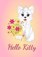 Hello Kitty. Greeting postcard. Little cute  white cat sitting with bouquet of flowers vector