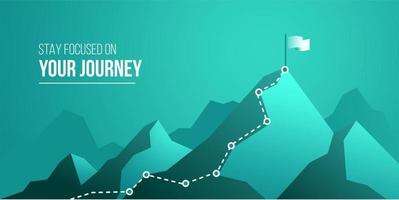 Business journey concept vector illustration of a mountain with path and a flag at the top, route to mountain peak, business journey and planning concept.