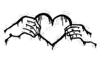 Manos de graffiti pintadas con spray sosteniendo un corazón en negro sobre blanco. Da y comparte tu amor con la gente. símbolo de goteo del corazón. aislado sobre fondo blanco. ilustración vectorial vector