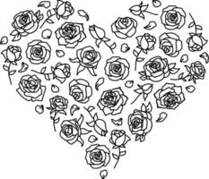 Black and white outline roses pattern in the shape of a heart vector