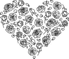 Black and white outline roses pattern in the shape of a heart vector