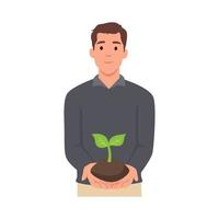 Young man holding a green sprout with handful of soil. Eco, green, environment friendly. Flat vector illustration isolated on white background