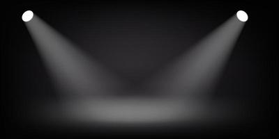 Abstract illuminated empty dark stage with bright projectors. Design template. 3d vector background