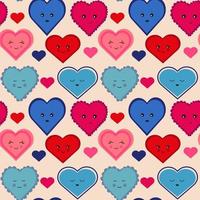 Seamless pattern with pink, red and blue hearts with different emotions and design. Vector retro texture. Smiling heart. Sad heart.  Fabric pattern.Valentine's day illustration vector.