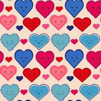 Seamless pattern with pink, red and blue hearts with different emotions and design. Vector retro texture. Smiling heart. Sad heart.  Fabric pattern.Valentine's day illustration vector.