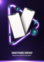 Realistic smartphone mockup with neon and irridescent shapes vector