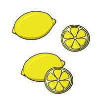 conjunto de limones amarillos con rodajas, ilustración vectorial en estilo de dibujos animados sobre un fondo blanco vector