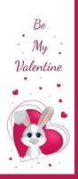 Happy Valentines Day. Greeting postcard with pink hearts and little rabbit or hare. vector