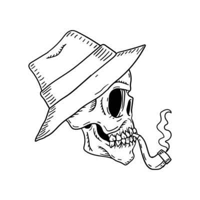 line drawing smoking pipe skull drawing