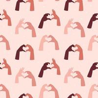 Hands of couple in love making a heart shape with their fingers. Vector seamless pattern.